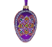 Ялинкова підвіска-яйце скляна, фіолетова, з  українським геометричним орнаментом, декорована глітером,  ручна робота, 6,5 см
