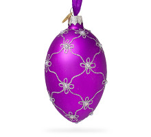 Ялинкова підвіска-яйце скляна, фіолетова, із  художнім розписом ручної роботи  в стилі Фаберже, декорована глітером та намистинами, 6,5 см
