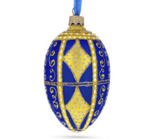 Ялинкова підвіска-яйце скляна, синя, з діамантовими краплями "Золотий ромб", ручна робота, 6,5 см