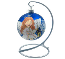 Куля скляна синя, з зображенням "Ангелик з ліхтарем", ручна робота, 8 см GB304-1576
