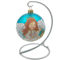 Куля скляна, блакитна, з зображенням "Ангелик з ліхтарем", ручна робота, 8 см GB404-1577