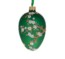 Ялинкова підвіска-яйце скляна, зелена  декорована глітером, із  художнім розписом ручної роботи "Яблуневий цвіт", 6,5 см