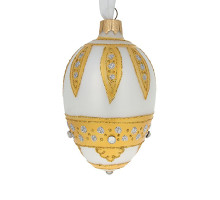 Ялинкова підвіска-яйце скляна, біла, декорована глітером та намистинами, із  художнім розписом ручної роботи "Золоте листя", 6,5 см