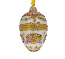 A white handmade glass Christmas tree egg shaped pendant made in Faberge egg style with an artistic painting, embellished with glitter and beads "A bonbonniere", 2.6 inches