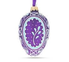 A purple handmade glass Christmas tree egg shaped pendant with an artistic painting, embellished with glitter "A branch of a willow", 2.6 inches