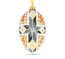 Ялинкова підвіска-яйце скляна, біла, із класичним українським орнаментом,, декорована глітером, "Сніжинка", ручна робота, 6,5 см