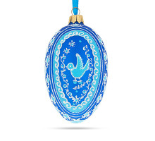 Ялинкова підвіска-яйце скляна, синя, із  художнім розписом ручної роботи, декорована глітером,  "Синій птах", 6,5 см