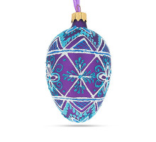 Ялинкова підвіска-яйце скляна, фіолетова, з геометричним орнаментом, декорована глітером, ручна робота, 6,5 см