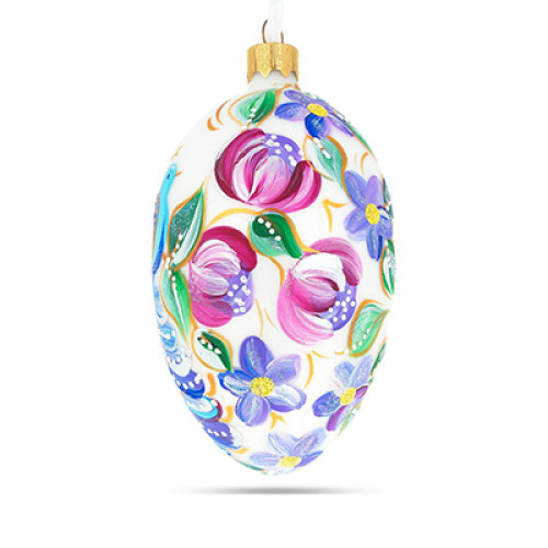 Ялинкова підвіска-яйце скляна, біла, з класичним українським орнаментом, декорована глітером, "Синій птах", ручна робота, 6,5 см