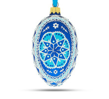 A sky-blue handmade glass Christmas tree egg shaped pendant with a Ukrainian traditional ornament "A star", 2.6 inches