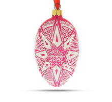 Ялинкова підвіска-яйце скляна, рожева,  з класичним українським орнаментом,  "Біла зірка",  ручна робота, 6,5 см