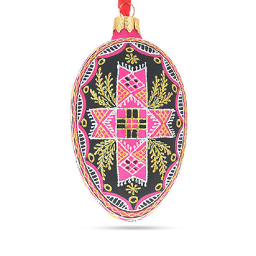 Ялинкова підвіска-яйце скляна, рожева,  з класичним українським орнаментом,  "Хрест", ручна робота, 6,5 см
