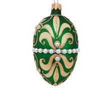 A green handmade glass Christmas tree egg shaped pendant with an artistic painting, embellished with glitter and pearls "Golden flowers", 2.6 inches