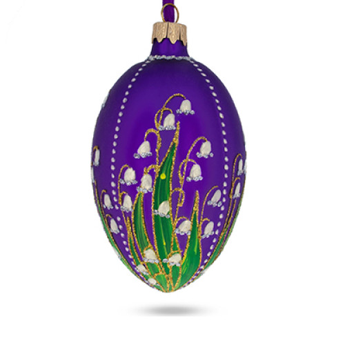 A purple handmade glass Christmas tree egg shaped pendant with voluminous flowers, embellished with glitter and rhinestones "Lilies", 2.6 inches