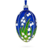 Ялинкова підвіска-яйце скляна, синя, з об'ємними квітами, декорована глітером та стразами, "Конвалії" ручна робота, 6,5 см