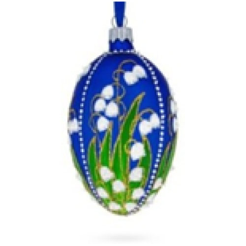 A blue handmade glass Christmas tree egg shaped pendant with voluminous flowers, embellished with glitter and rhinestones "Lilies", 2.6 inches