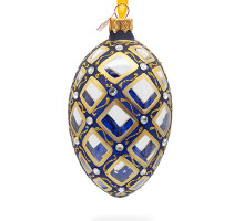 Ялинкова підвіска-яйце скляна, синя, з  мозаїчним візерунком,  декорована глітером, перлинами та дзеркальними вставками, ручна робота, 6,5 см