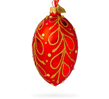 Ялинкова підвіска-яйце скляна, червона, з ніжним золотим рослинним орнаментом, декорована глітером та перлинами, ручна робота, 6,5 см