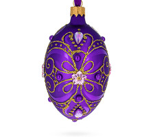 Ялинкова підвіска-яйце скляна, фіолетова, з ніжним золотим орнаментом і квітами, декорована глітером та стразами, ручна робота, 6,5 см