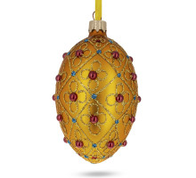 Ялинкова підвіска-яйце скляна, золота, декорована глітером та стразами, з класичним візерунком, ручна робота, 6,5 см