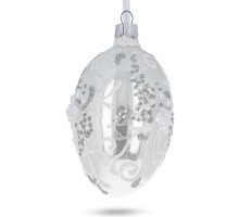 Ялинкова підвіска-яйце скляна, дзеркальна, декорована глітером, перлинами та 3D квітами, ручна робота, 6,5 см