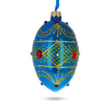 Ялинкова підвіска-яйце скляна,  дзеркальна блакитна, з ніжним орнаментом, декорована коштовними каменями та глітером, ручна робота, 6,5 см