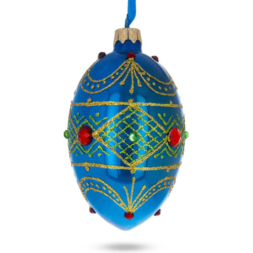 Ялинкова підвіска-яйце скляна,  дзеркальна блакитна, з ніжним орнаментом, декорована коштовними каменями та глітером, ручна робота, 6,5 см