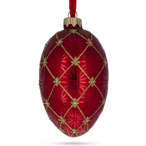 Ялинкова підвіска-яйце скляна,  червона, із  художнім розписом  в стилі Фаберже, декорована глітером "Коронація", ручна робота, 6,5 см