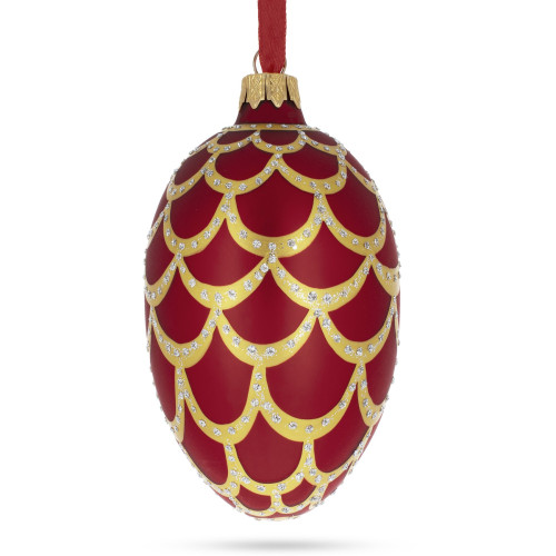 Ялинкова підвіска-яйце скляна,  червона, декорована діамантовими крапельками "Соснова шишка", ручна робота, 6,5 см
