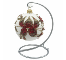 Куля скляна, біла з червоними квітами,оздоблена бісером, 8см GB105-1570