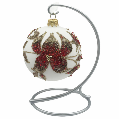Куля скляна, біла з червоними квітами,оздоблена бісером, 8см