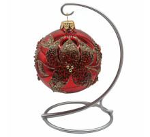 Куля скляна, червона з червоними квітами,оздоблена бісером, 8см