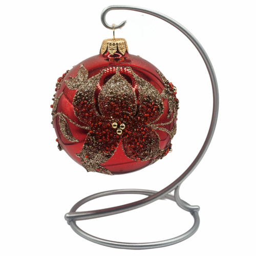 Куля скляна, червона з червоними квітами,оздоблена бісером, 8см