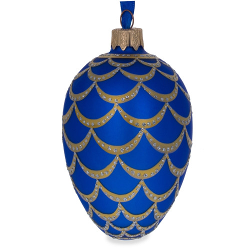 Ялинкова підвіска-яйце скляна,  синя, декорована діамантовими крапельками "Соснова шишка", ручна робота, 6,5 см