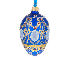 Ялинкова підвіска-яйце скляна,  синя, із  художнім розписом в стилі Фаберже " Олександрівський палац", ручна робота, 6,5 см