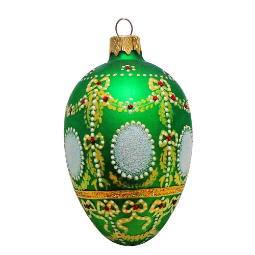 A green handmade glass Christmas tree egg shaped pendant made in Faberge egg style with an artistic painting "Oleksandrivskyi palace", 2.6 inches