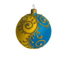 Куля скляна, з жовто-блакитним та золотим декором, ручної роботи, 8 см