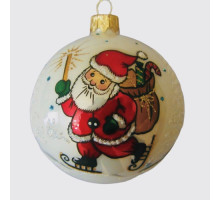 Куля скляна, біла, з зображенням "Санта Клаус з мішком", ручної роботи, 8 см