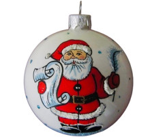 Куля скляна ,біла, із зображенням "Санта Клаус з пером", ручної роботи, 8 см