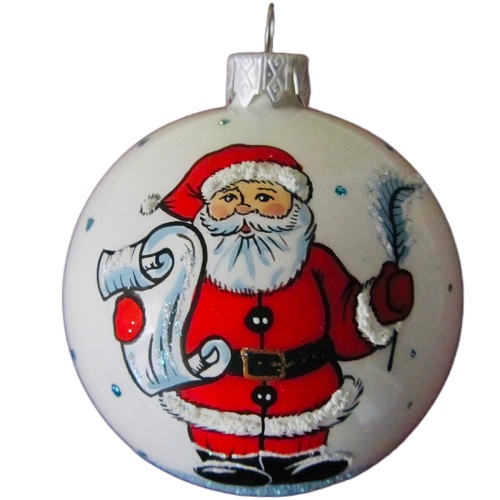 Куля скляна ,біла, із зображенням "Санта Клаус з пером", ручної роботи, 8 см