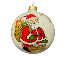Куля скляна,біла,із зображенням "Санта Клаус з мішком", ручної роботи, 8 см