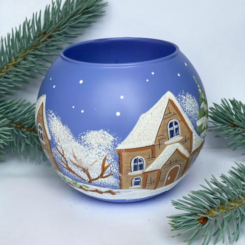 Vase - candle holder, handmade, blue "Winter huts", GC000-1255