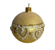 Куля скляна золота, з білим орнаментом та намистинками, ручна робота, 8 см