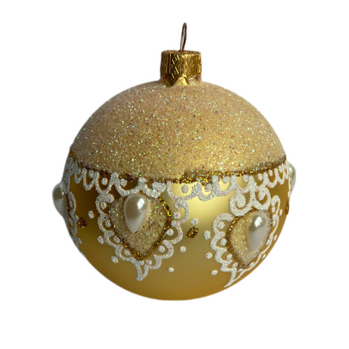 Куля скляна золота, з білим орнаментом та намистинками, ручна робота, 8 см