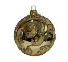 Куля скляна, золота з  орнаментом,оздоблена стразами, ручної роботи, 8 см