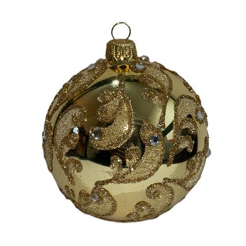 Куля скляна, золота з  орнаментом,оздоблена стразами, ручної роботи, 8 см