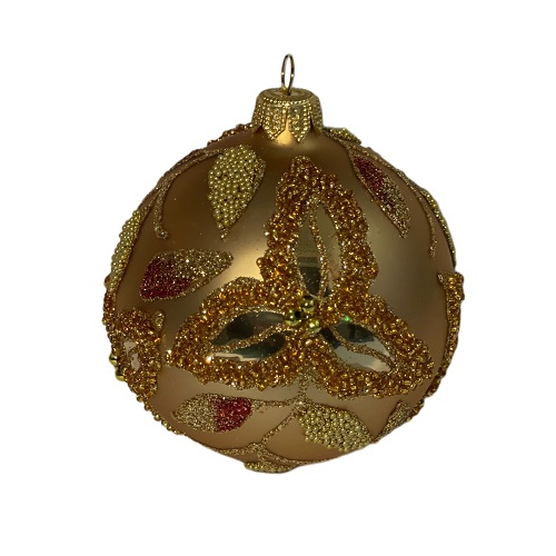 Куля скляна, золота з  орнаментом,оздоблена стразами ручної роботи, 8 см