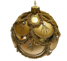 Куля скляна, золота з   орнаментом,оздоблена стразами, ручної роботи, 8 см