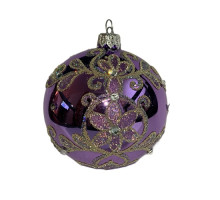 Куля скляна, фіолетова,глянцева з орнаментом,оздоблена стразами, ручної роботи, 8 см