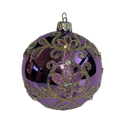 Куля скляна, фіолетова,глянцева з орнаментом,оздоблена стразами, ручної роботи, 8 см
